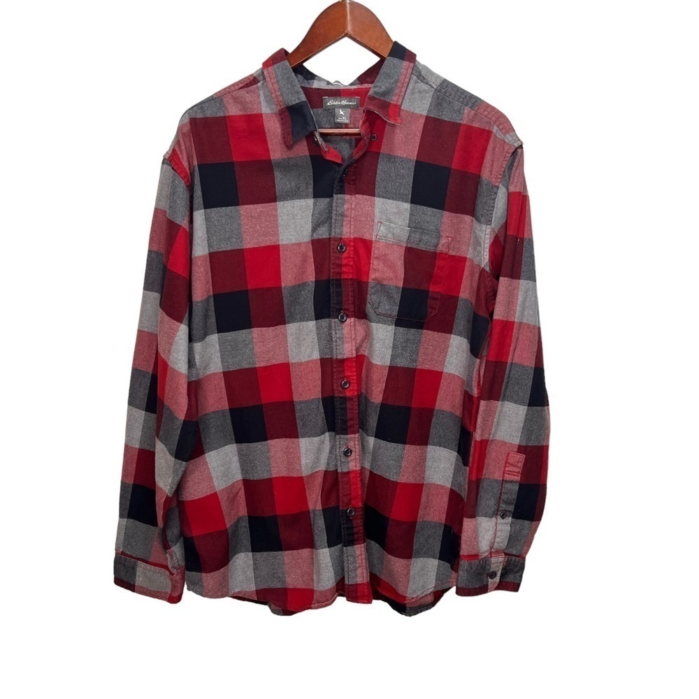 Eddie Bauer Red, Black & Grey Plaid Button Down Shirt 100% Cotton Size XL
